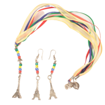 Vintage Colorful Eiffel Tower Necklace and Earrings Set - £9.55 GBP
