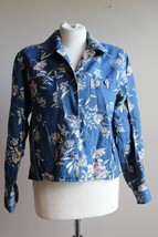 Vtg Liz Wear Claiborne Petite P Blue Floral Linen Cotton Button Front Top - £22.44 GBP