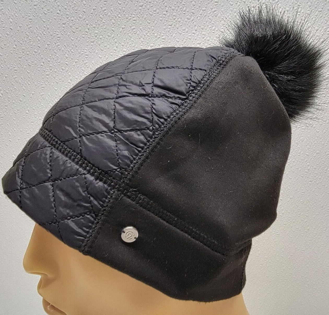 Primary image for Champion Womens Winter Hat Beanie Black Quilted Panel Fleece Faux Fur Pom 