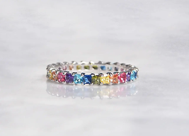 ADIRFINE 925 Sterling Silver Multi Colored Rainbow Princess Cut CZ Eternity Band - £40.03 GBP