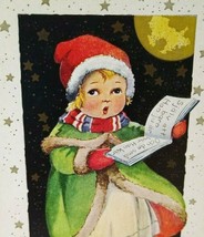 Christmas Postcard Whitney Child Singing Carols Stars Moon Light Vintage Unused - £13.67 GBP