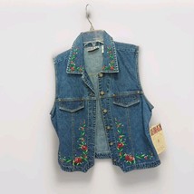 Bill Blass Denim Vest Women&#39;s Size M Embroidered Roses Plus Rhinestones NWT - $27.71