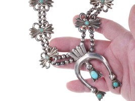 Vintage Navajo Silver Tufa Cast Squash blossom necklace with turquoise - £751.79 GBP