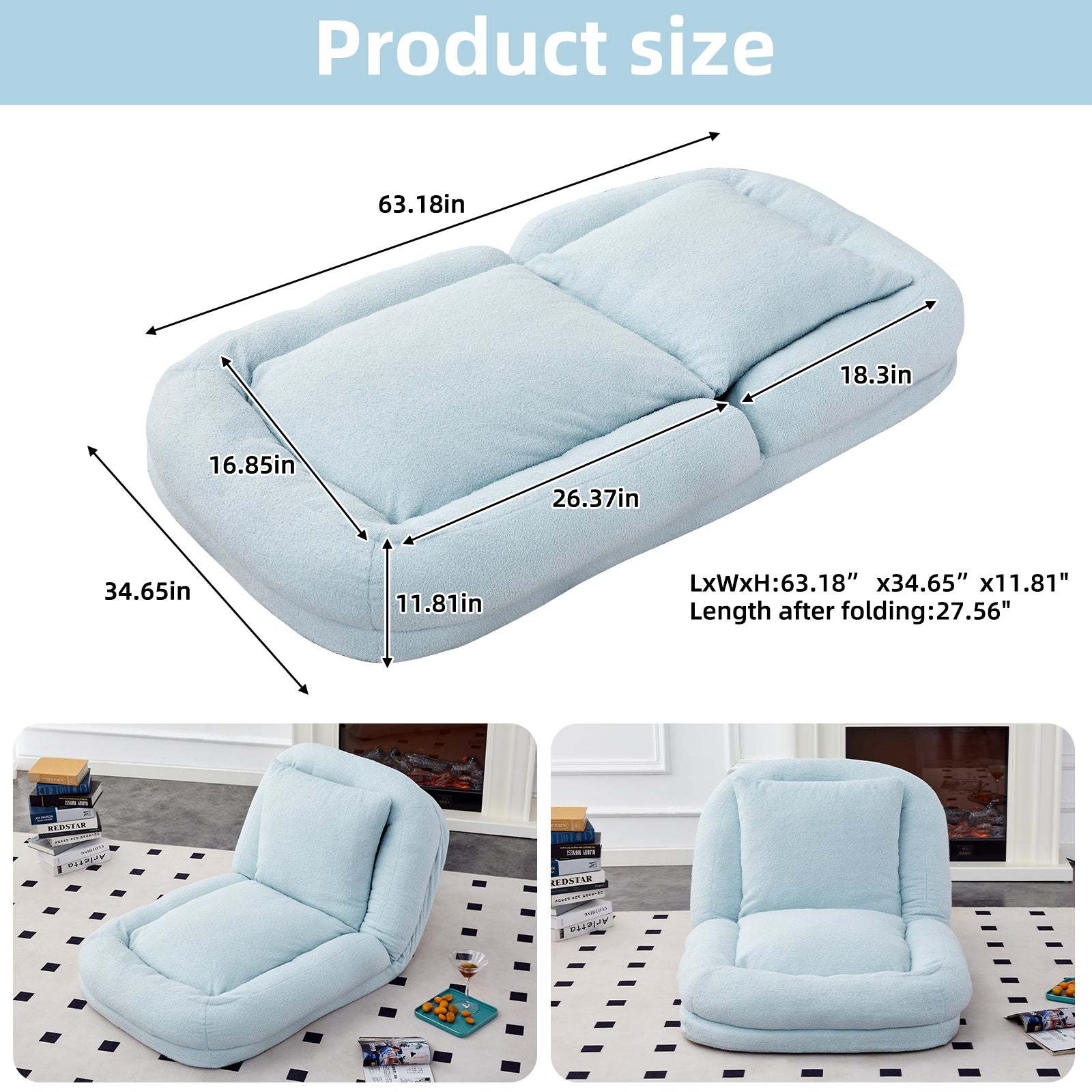 Light Blue Teddy Folding Sofa Chair - 5-Pos Gaming, Relax Item image 10