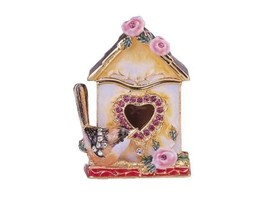 Jeweled Pewter Yellow Birdhouse Hinged Trinket Ring Jewelry Box by Terra... - $26.71