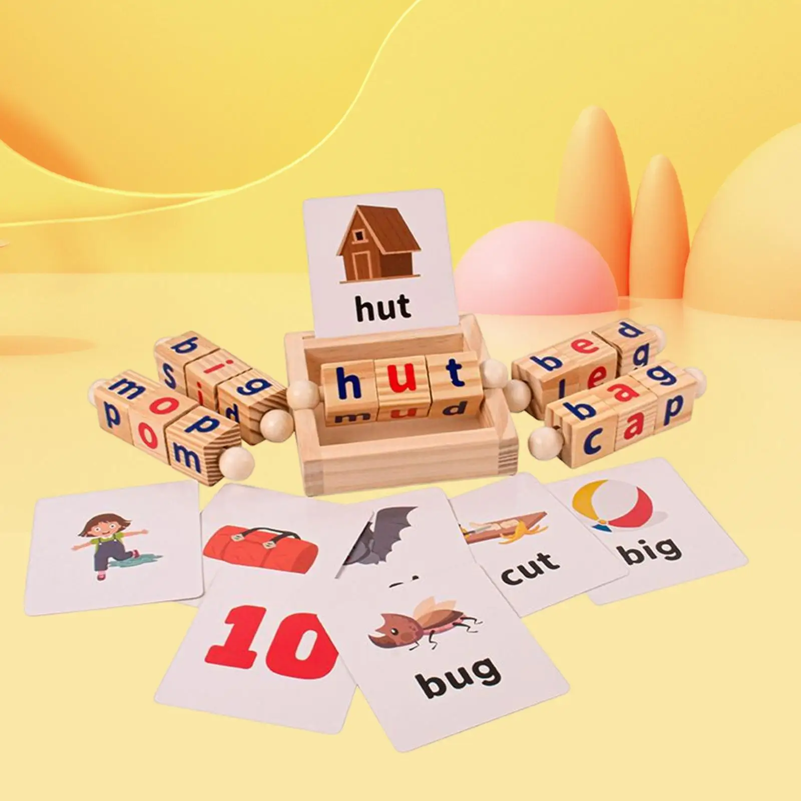 Wood Reading Blocks Flash Cards Rotating Matching Letters Toy Montessori Toys - £19.91 GBP