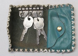 Vintage Blue Turquoise Leather Key Holder Hand Stitched Laced Rolf&#39;s - £6.00 GBP