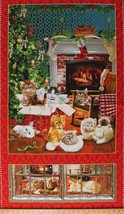 24.25&quot; X 44&quot; Panel Fireside Cats Winter Kittens Red/Green Cotton Fabric D501.50 - £6.86 GBP