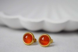 Red agate stud earrings, Small gold studs, 8mm Massive studs, Minimalist round s - £24.36 GBP