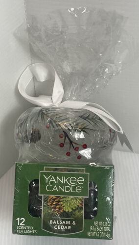 Primary image for Yankee Candle Crackle Glass First Frost Bowl Holder 12 Balsam & Cedar Tea Lights