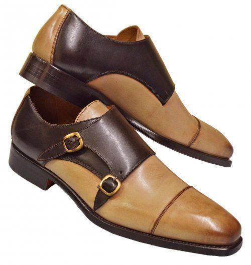 new Handmade Tan Brown Leather Shoes, Men's Double Monk Shoes, Men's Straps Shoe
