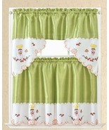 CHEF GREEN AND BEIGE EMBROIDERED DECORATIVE KITCHEN CURTAIN 3 PCS SET - £15.48 GBP