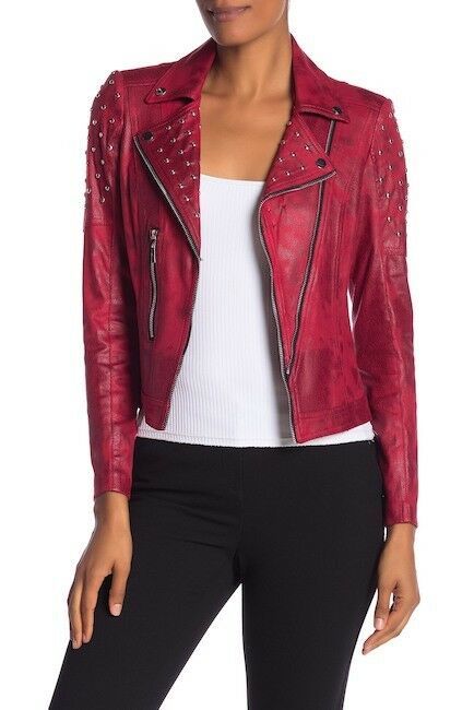 Women's Maroon Red Color Leather Silver Small Studded Handcrafted Brando Jacket