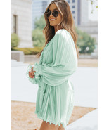 Green Pleated Ruffled Tie Waist Buttons V Neck Romper - $531.44 MXN