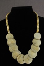 Vintage MCM Mid Century Modern Polished Wood Disc Beaded 25&quot; Long Necklace - £22.82 GBP