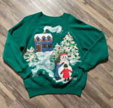 Vtg 90s Pannill Christmas Sweatshirt Snowman Tree House Scene Holiday Green XL - £14.70 GBP