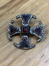 Stunning Vintage Silver Tone Brooch Pin Pinback Red Stone Unsigned KG JD - $24.75