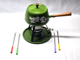 Vintage MCM Mushroom Avocado Green Fondue Pot + Forks, Stand, Burner, Un... - $44.52