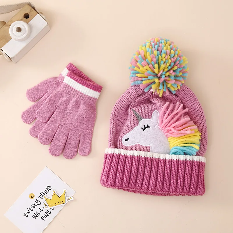 European Baby Hat Gloves Set Winter Cute Cartoon Uni-corn Pompom Beanies Autumn - £11.19 GBP+