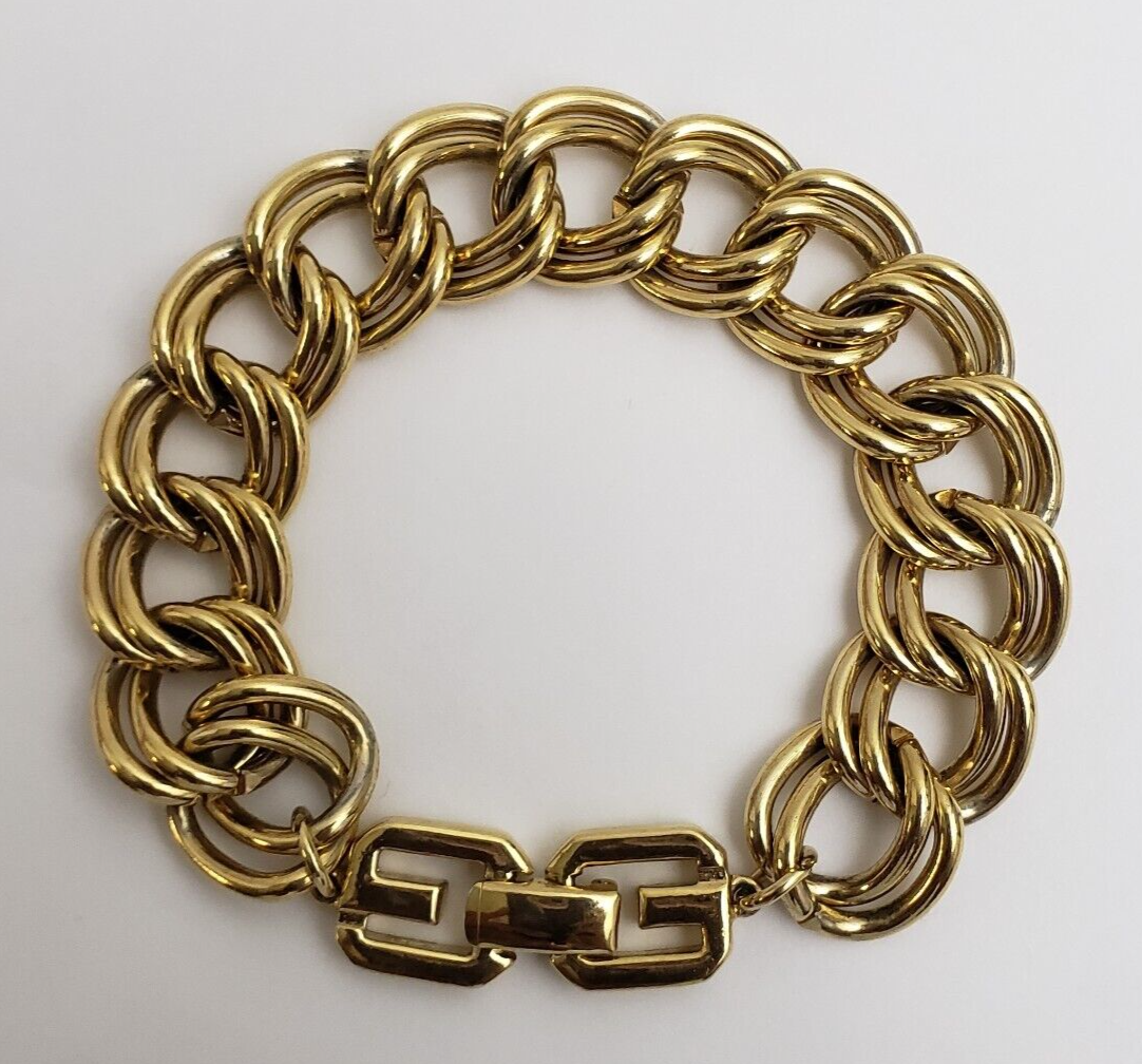 Vintage Givenchy Chain Bracelet Gold Tone Curb Links Double G Logo Clasp Signed - $197.95