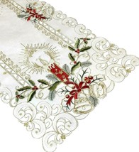 Holiday Holly Leaf Table Runner Red Embroidered Cut Work Topper Linen De... - $29.95