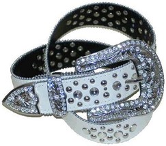 WN224, A 1 1/2&quot; Wide White Western Leather Belt w/RHINESTONES And A Fancy Buckle - £11.96 GBP