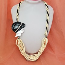 Vintage Bead Statement Necklace Black White Multi Strand Necklace - £23.94 GBP