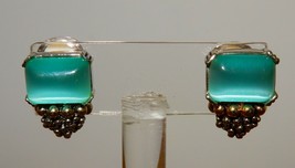 Vtg light blue luminescent square stone clip on earrings set in two tone... - £11.96 GBP