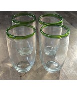 4 PCS- Mexican Hand-Blown Glassware Green Rim Original Tumblers 16oz 5.5... - $27.58 CAD