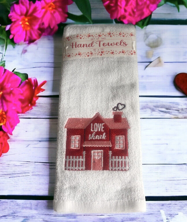 Primary image for Valentines Day Love Shack Hand Towels Bath Set of 2 Embroidered 16x26" Red White