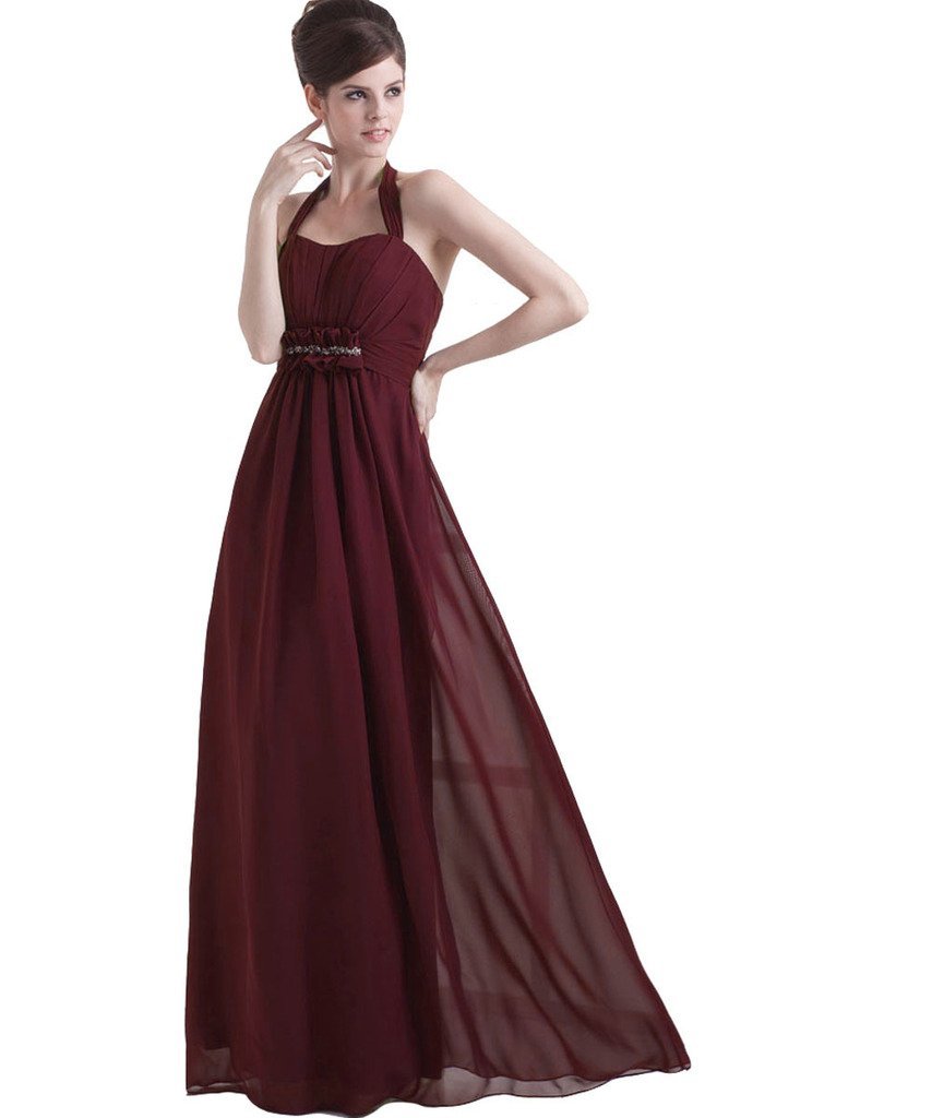 Kivary Women's Halter Long Beaded A Line Prom Evening Dresses Burgundy US 10