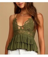 Free People Top Womens Adella Cami Lace Ruffled Tank Top Olive Sparrow, ... - $29.69
