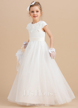 Ivory Ball-Gown/Princess Scoop Floor-Length Satin/Tulle Flower Girl Dress - £85.77 GBP