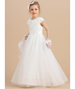 Ivory Ball-Gown/Princess Scoop Floor-Length Satin/Tulle Flower Girl Dress - £85.85 GBP