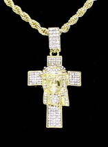 Iced CZ Jesus Piece 1.5&quot; Cross Pendant HipHop 14k Gold Plated 24&quot; Rope 4mm Chain - £7.91 GBP