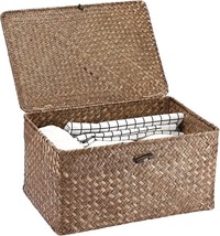 Hipiwe Wicker Shelf Baskets Bin With Lid, Handwoven Seagrass, Coffee Large - £33.99 GBP