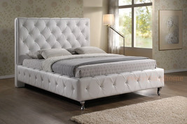 King Modern White Faux Leather Padded Crystal Tufted Platform Bed Frame - £841.66 GBP