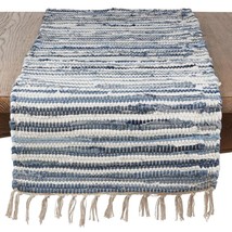 Rag Table Runner with Tassels Denim Blue White Striped Cotton Rags Fringed - $48.50