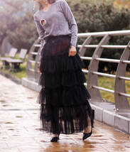 Black Tiered Tulle Maxi Skirt Women Custom Plus Size Layered Tulle Skirt image 3