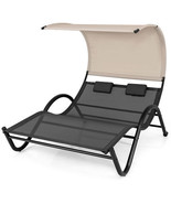 Outdoor Double Chaise Lounge Chair with Sunshade Canopy and Headrest Pil... - $453.41 CAD