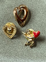 Lot of Monet Signed Open Goldtone Slanted Heart Cherub Holding Red Enamel &amp; Open - £11.15 GBP