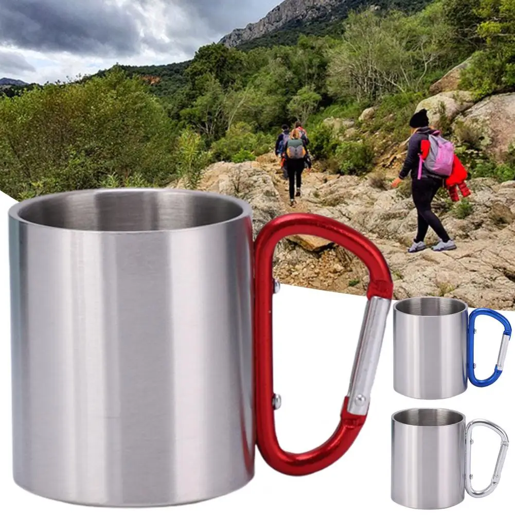 220ml Camping Cup Stainless Steel Double Wall Carabiner Handle Hiking Mug for - £8.91 GBP+