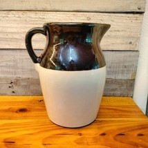 Vtg Brown Tan Two Tone Pottery Pitcher Large 8.5 In Primitive Farmhouse Country - £7.96 GBP