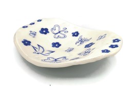 Handmade White Ceramic Fruit Bowl, Hand Painted Blue Butterflies and Flo... - £71.38 GBP