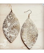 Leather Oval Leaf Earrings in White and Gold Paisley - £11.83 GBP