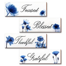 Blue Wall Decor For Living Room 4 Pieces - Focused Grateful Blessed Thankful Woo - £18.18 GBP