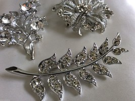 Vintage lot of 3  Silver tone metal Clear crystal rhinestones pin brooch - $51.48