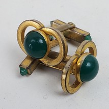 Vintage Mid Century Style Cuff Links Gold Tone w/ Green - £9.79 GBP