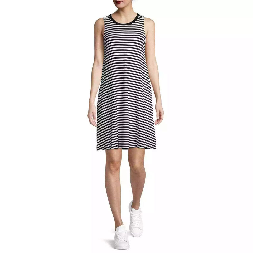 Time & Tru Black & White Striped Sleeveless Knit Dress w/Pockets XL (16-18)  NWT