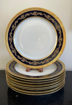 Antique T&amp;V Limoges France Cobalt Blue and Gold Embossed Dinner Plates Set of 9 - £433.45 GBP